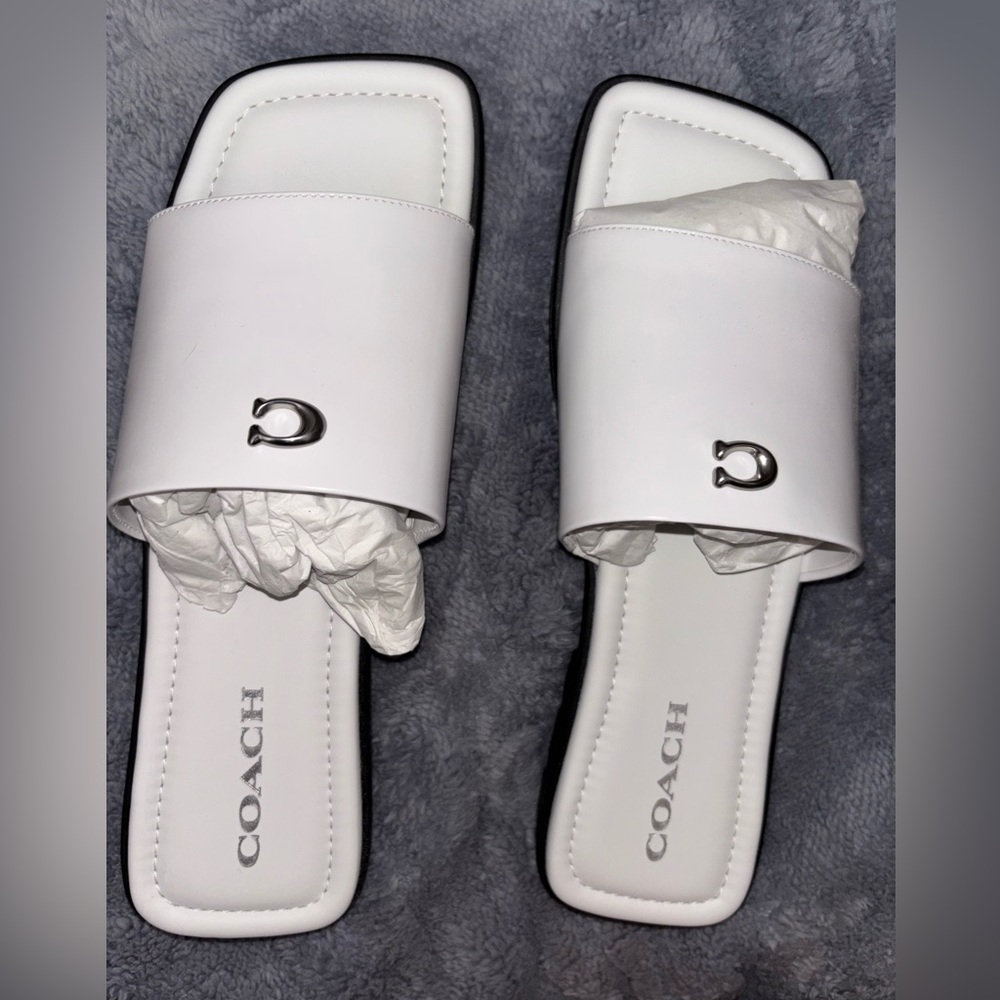 Coach Women's White Slide Sandals with Silver Accent